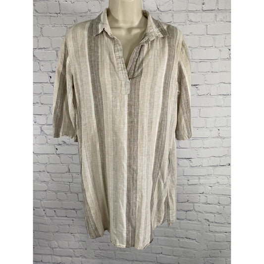 Elan Beige White Brown Linen Cotton Blend Pockets Tunic Shirt Dress Women’s S