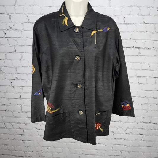 Chico's Design Black 100% Silk Embroidered 3/4 Sleeve Button Shirt Jacket 1 US 8
