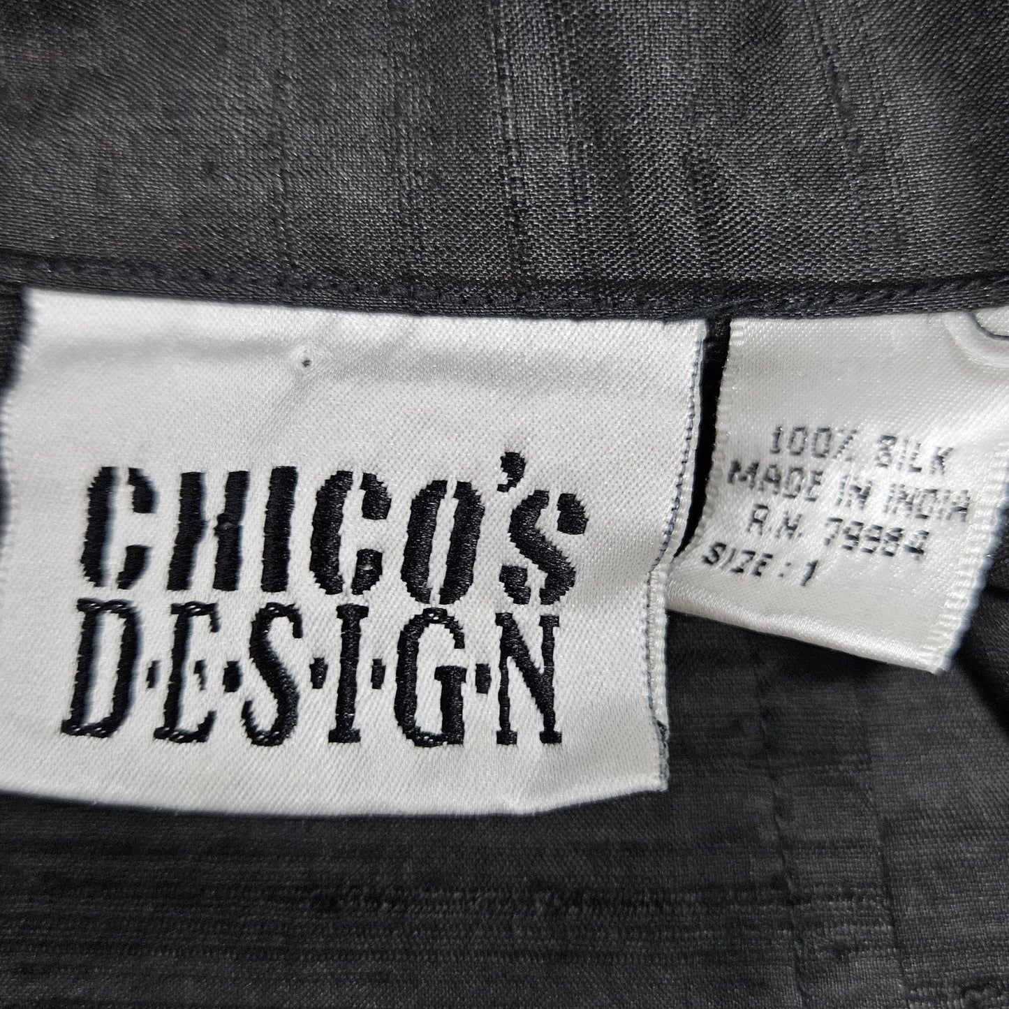 Chico's Design Black 100% Silk Embroidered 3/4 Sleeve Button Shirt Jacket 1 US 8
