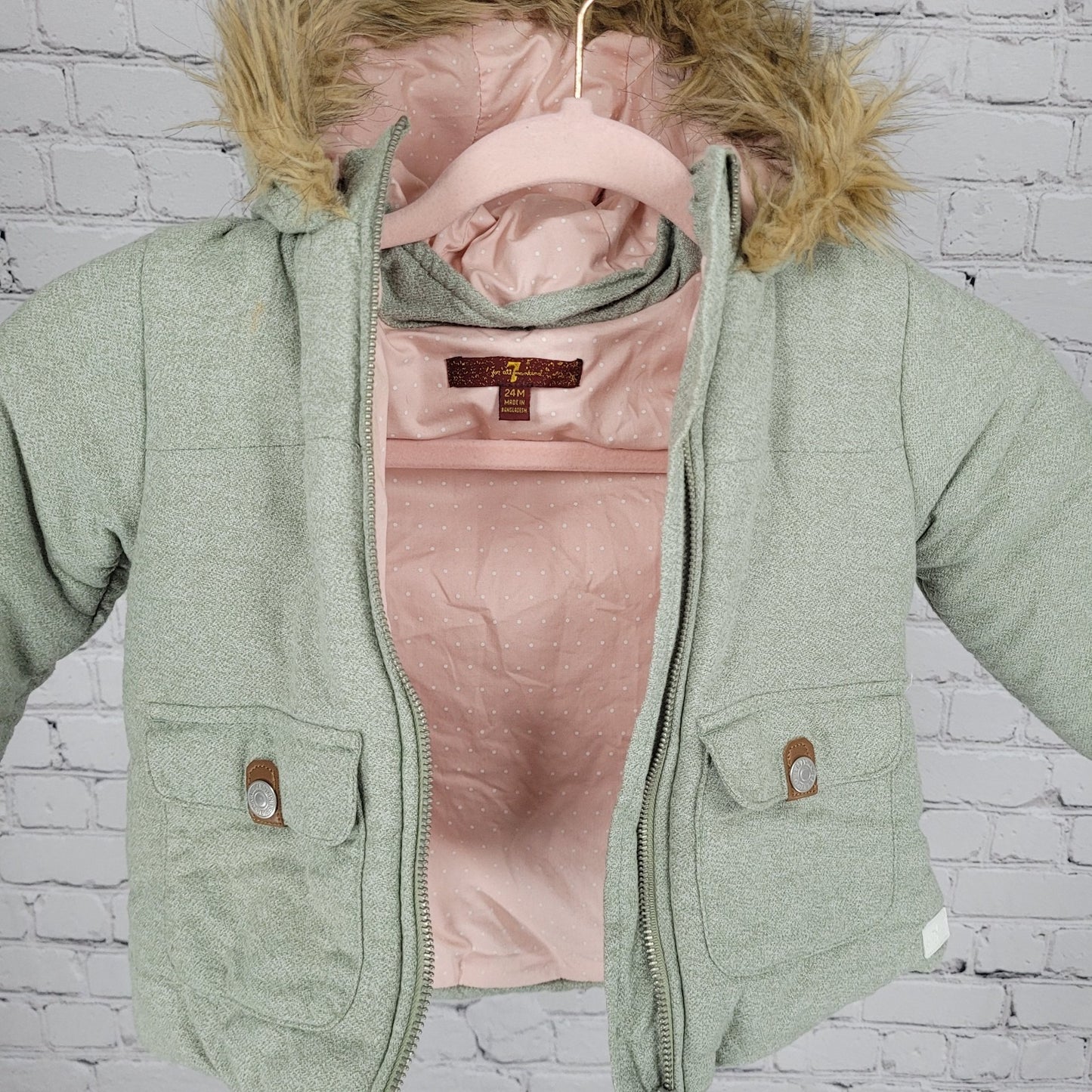 7 For All Mankind  Muted Green 100% Cotton Fur Trim Hooded Jacket Size 24M