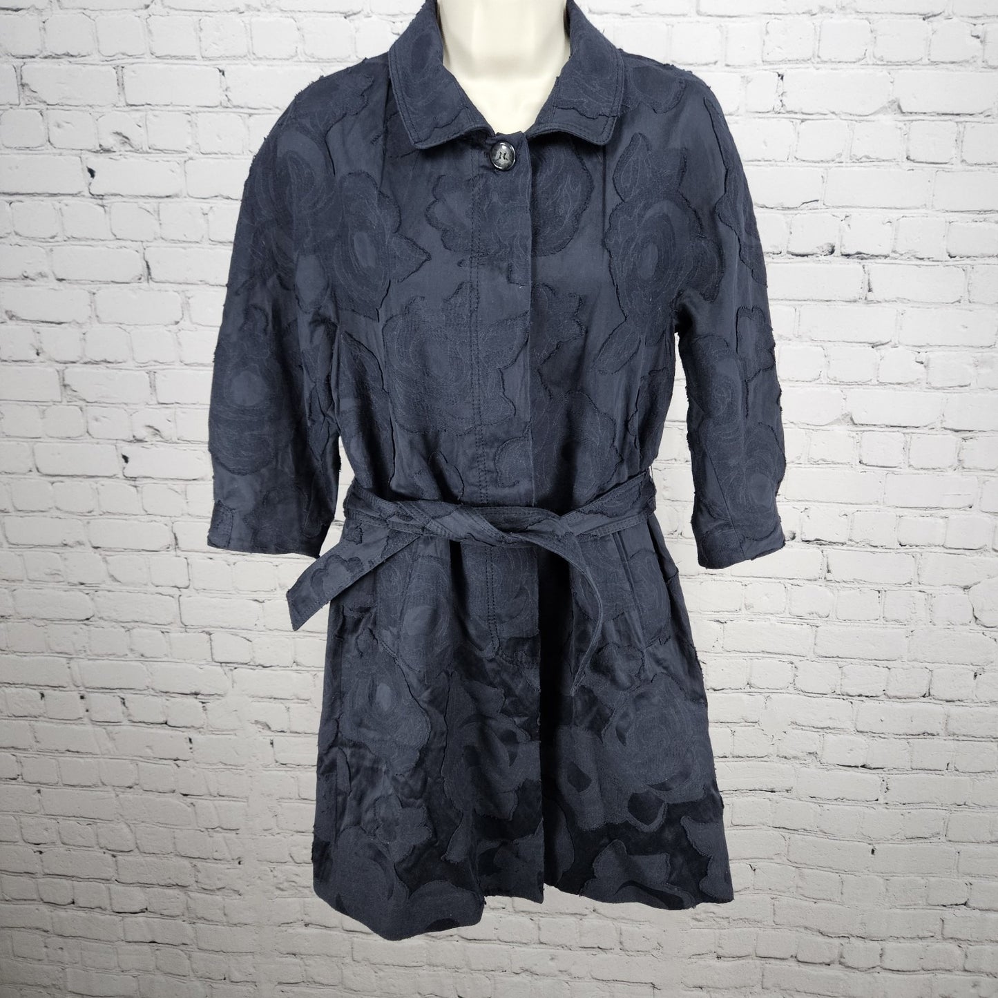 LaVia 18 Navy Floral Belted Buttoned 3/4 Sleeve Collared Lined Jacket 40 US 4