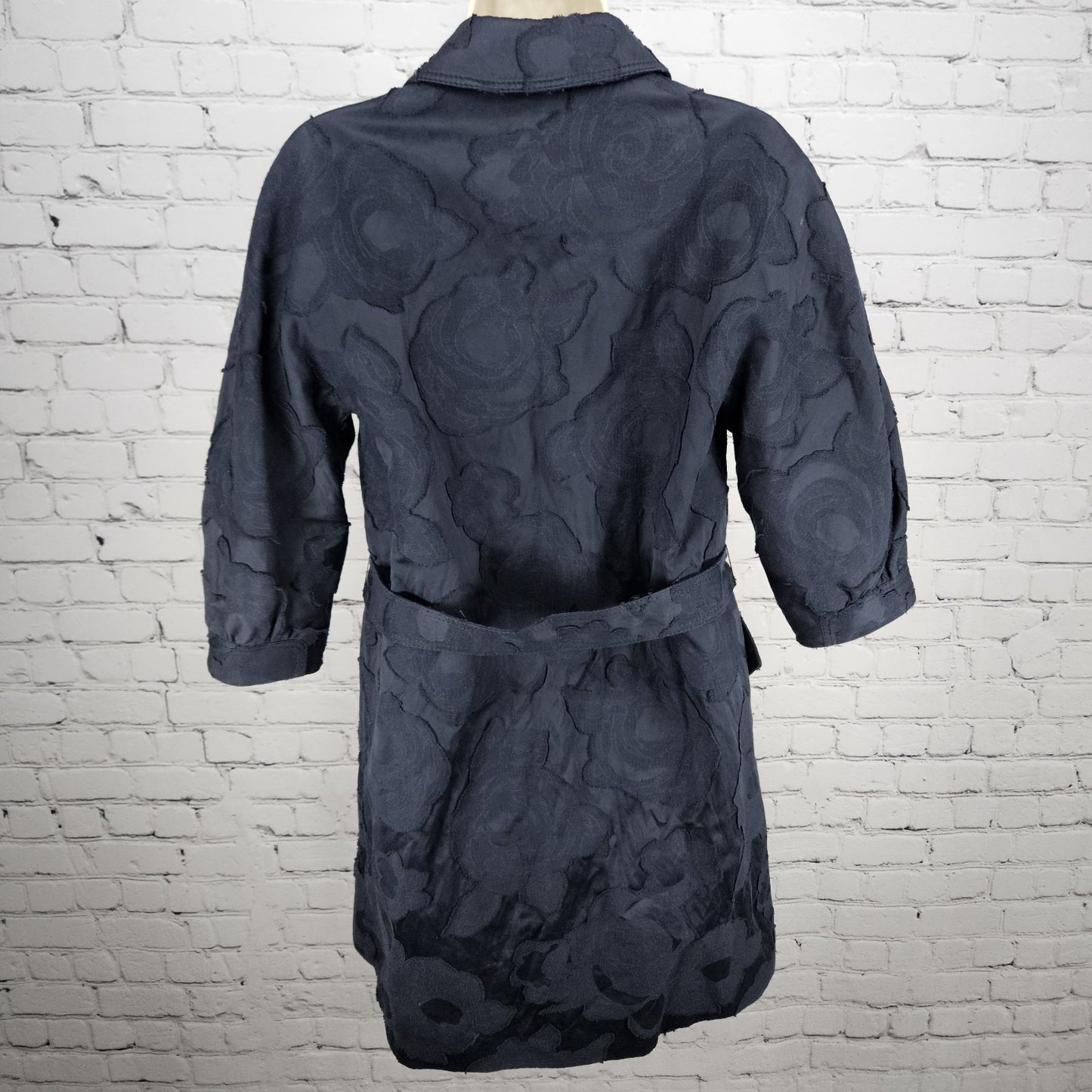 LaVia 18 Navy Floral Belted Buttoned 3/4 Sleeve Collared Lined Jacket 40 US 4