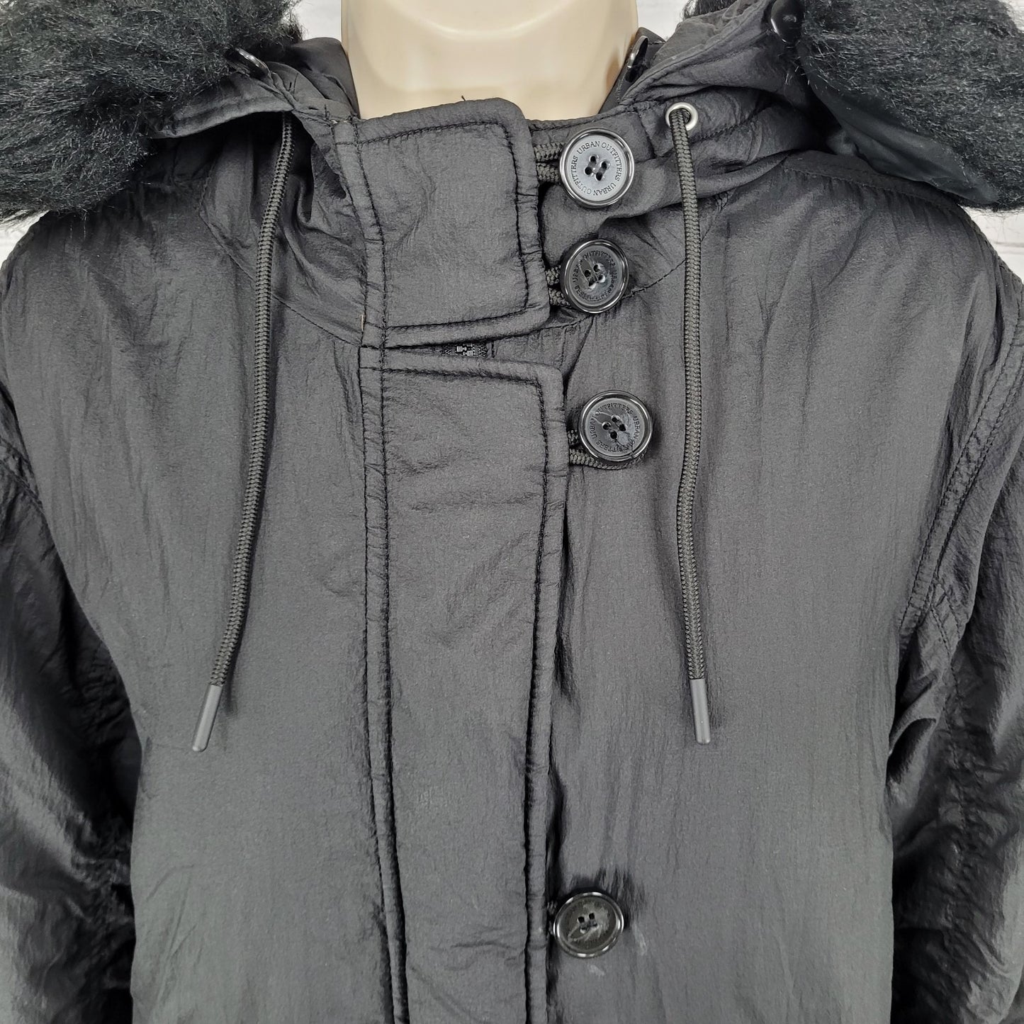 Urban Outfitters Black Hooded Removable Fur Insulated Lightweight Jacket Size XS