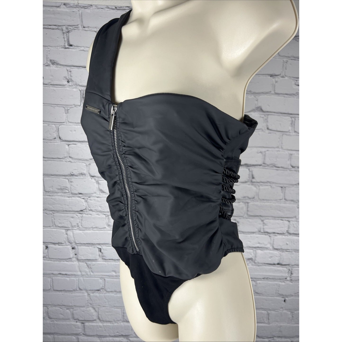 Maniere de Voir Black Cinchable Top Faux Matte Leather Bodysuit Women's US 8