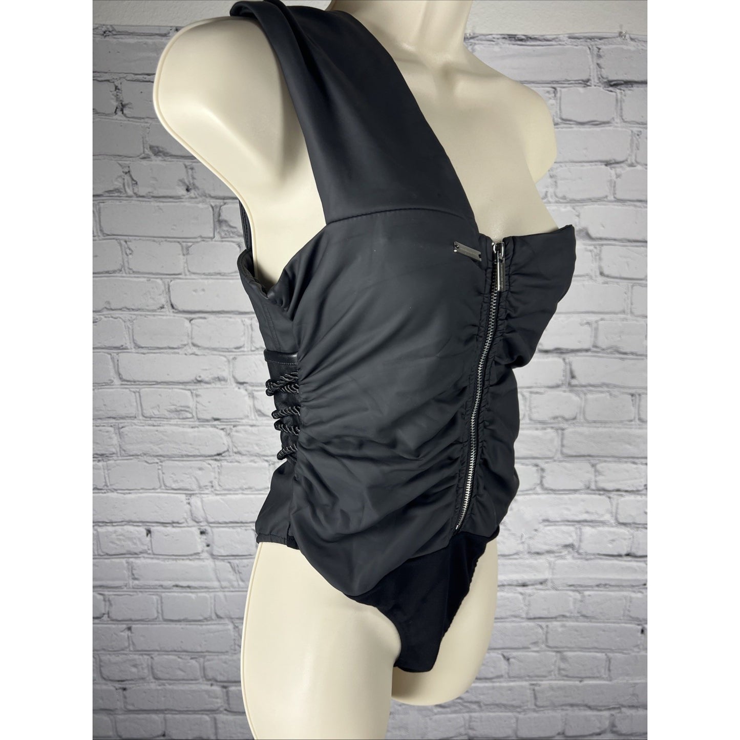 Maniere de Voir Black Cinchable Top Faux Matte Leather Bodysuit Women's US 8
