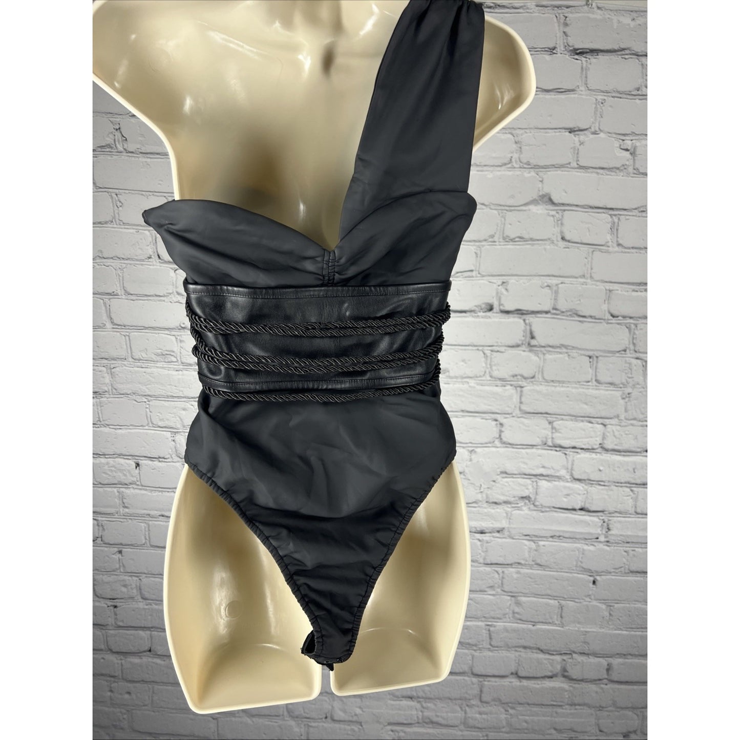 Maniere de Voir Black Cinchable Top Faux Matte Leather Bodysuit Women's US 8