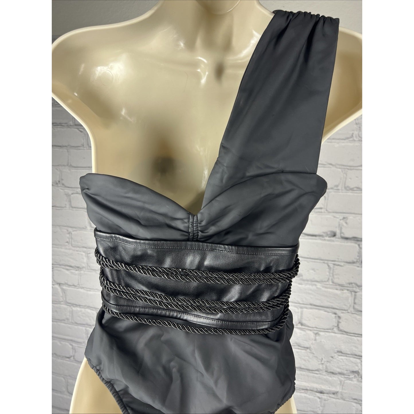 Maniere de Voir Black Cinchable Top Faux Matte Leather Bodysuit Women's US 8