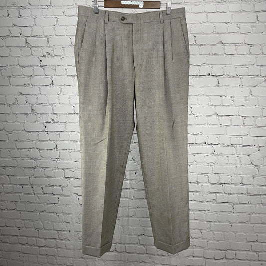 Hart Schaffner Marx Brown Houndstooth Pleated Pants USA Made Size 35 (34x30)