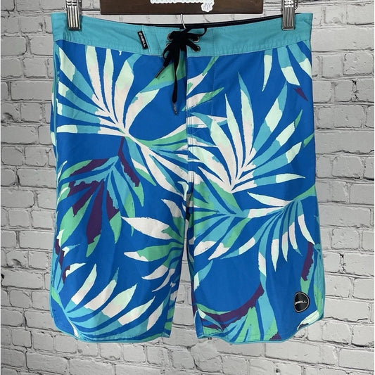 O’Neill Hyperfreak Blue Tropical Print Board Shorts Swim Trunks Stretch Size 28