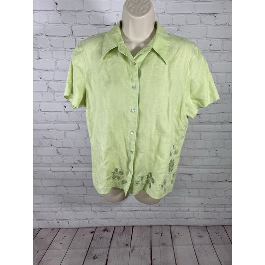 VTG Edward Irish Linen 100% Linen Green Collared Short Sleeve Floral Blouse L