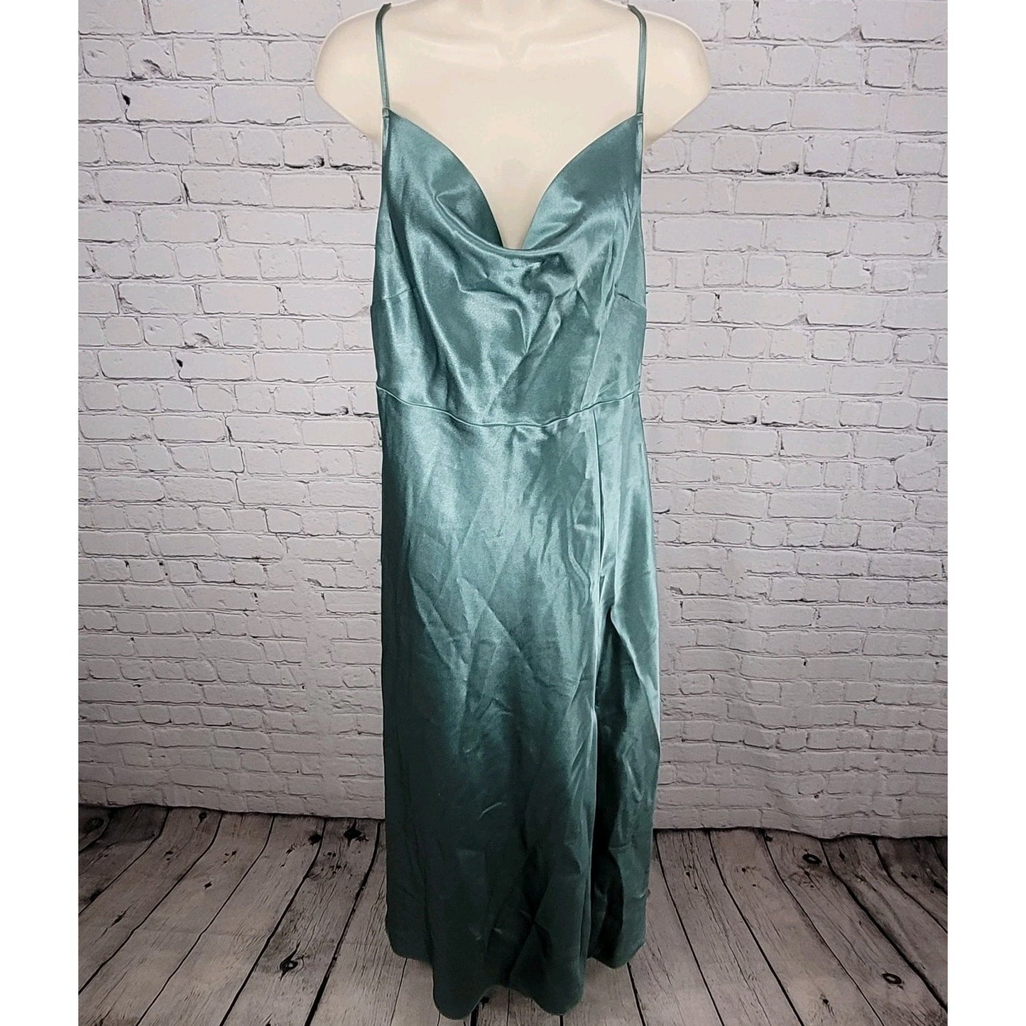 Birdy Grey Green Satin Sheen Cowl Neck Side Slit Maxi Dress Gown Size Medium M