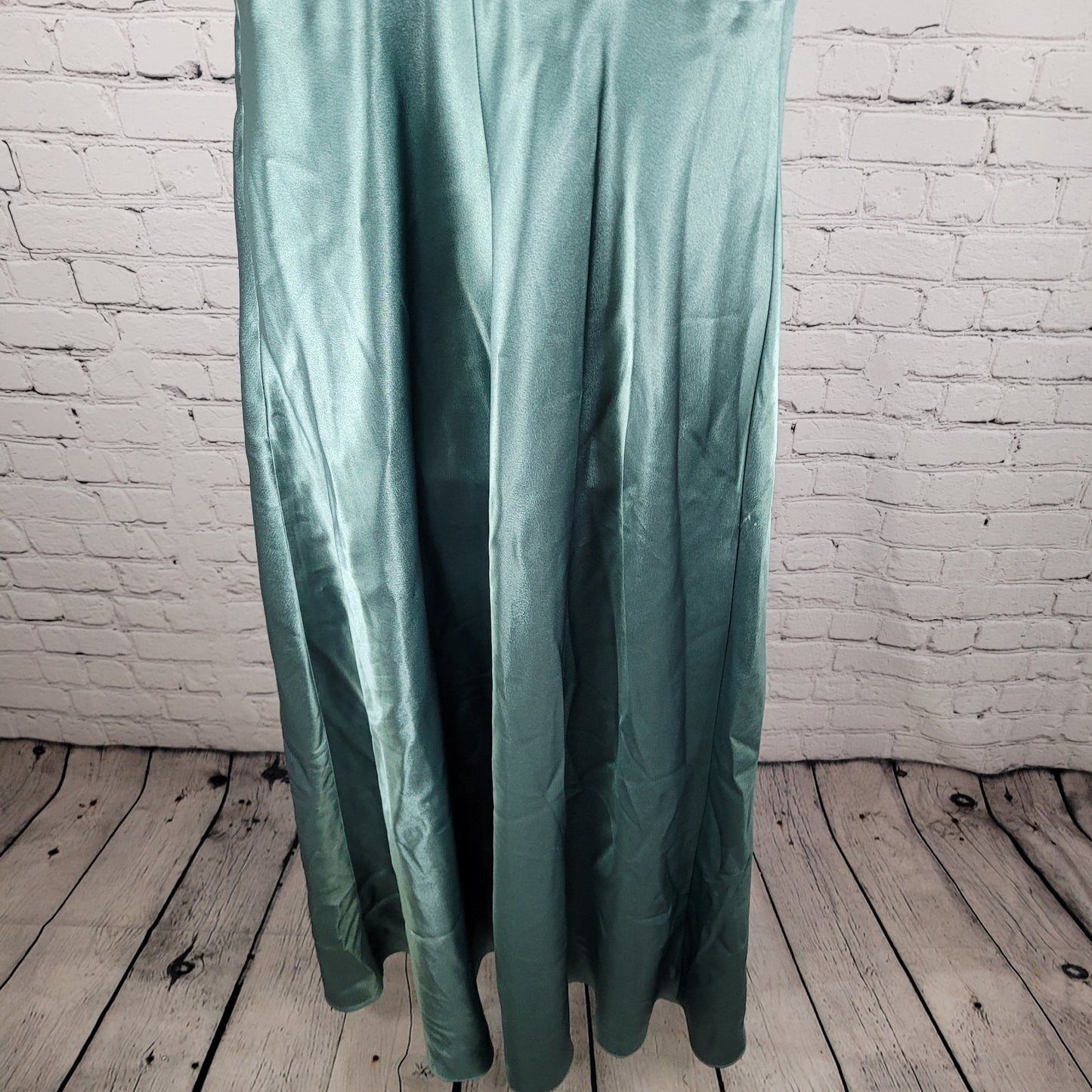 Birdy Grey Green Satin Sheen Cowl Neck Side Slit Maxi Dress Gown Size Medium M