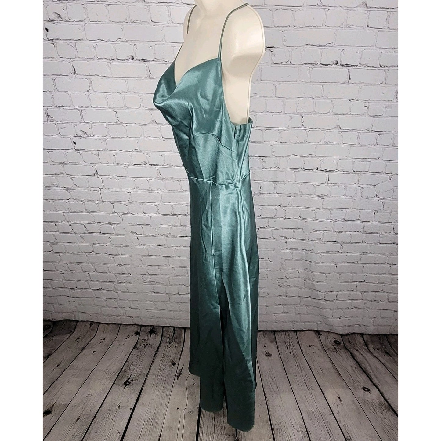 Birdy Grey Green Satin Sheen Cowl Neck Side Slit Maxi Dress Gown Size Medium M