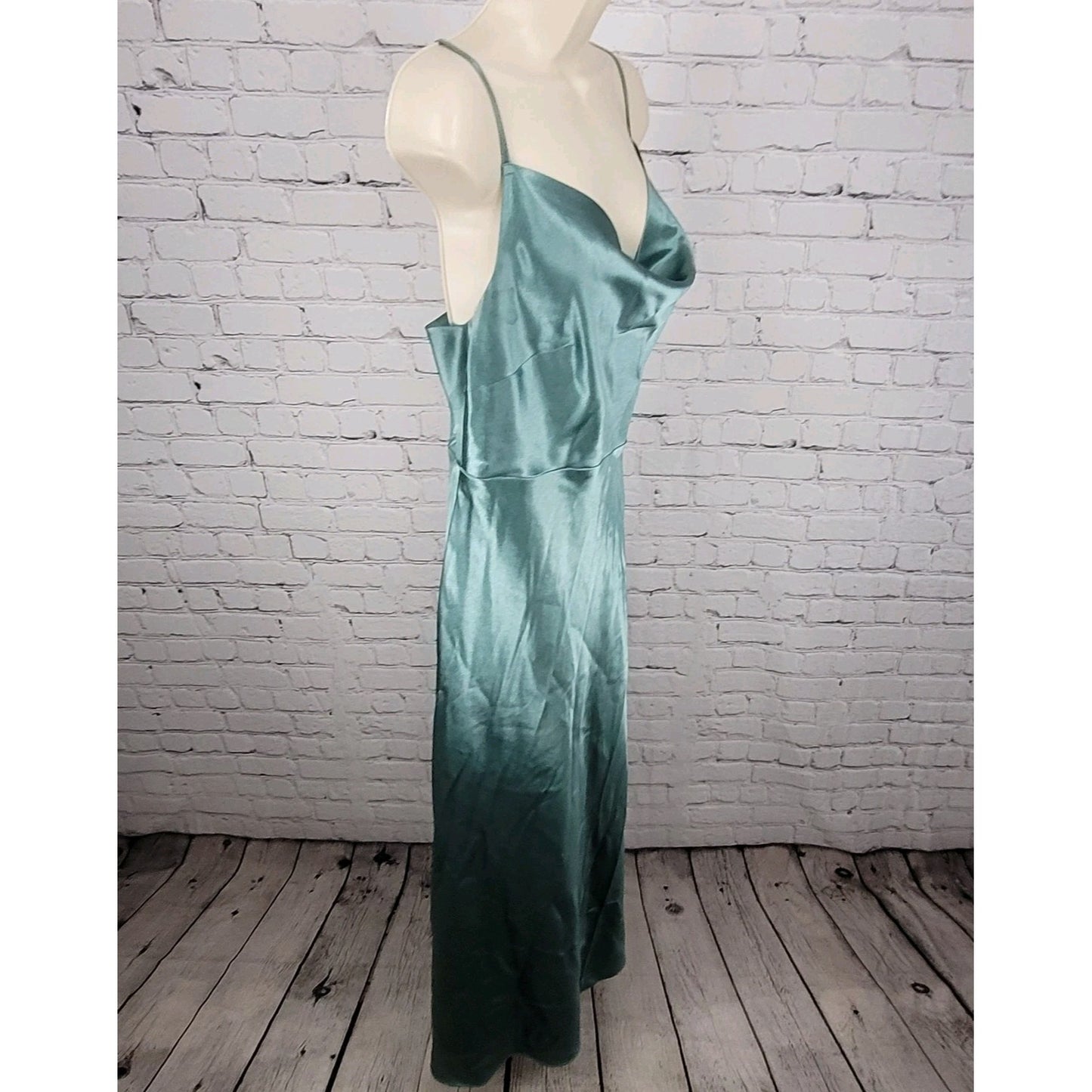 Birdy Grey Green Satin Sheen Cowl Neck Side Slit Maxi Dress Gown Size Medium M
