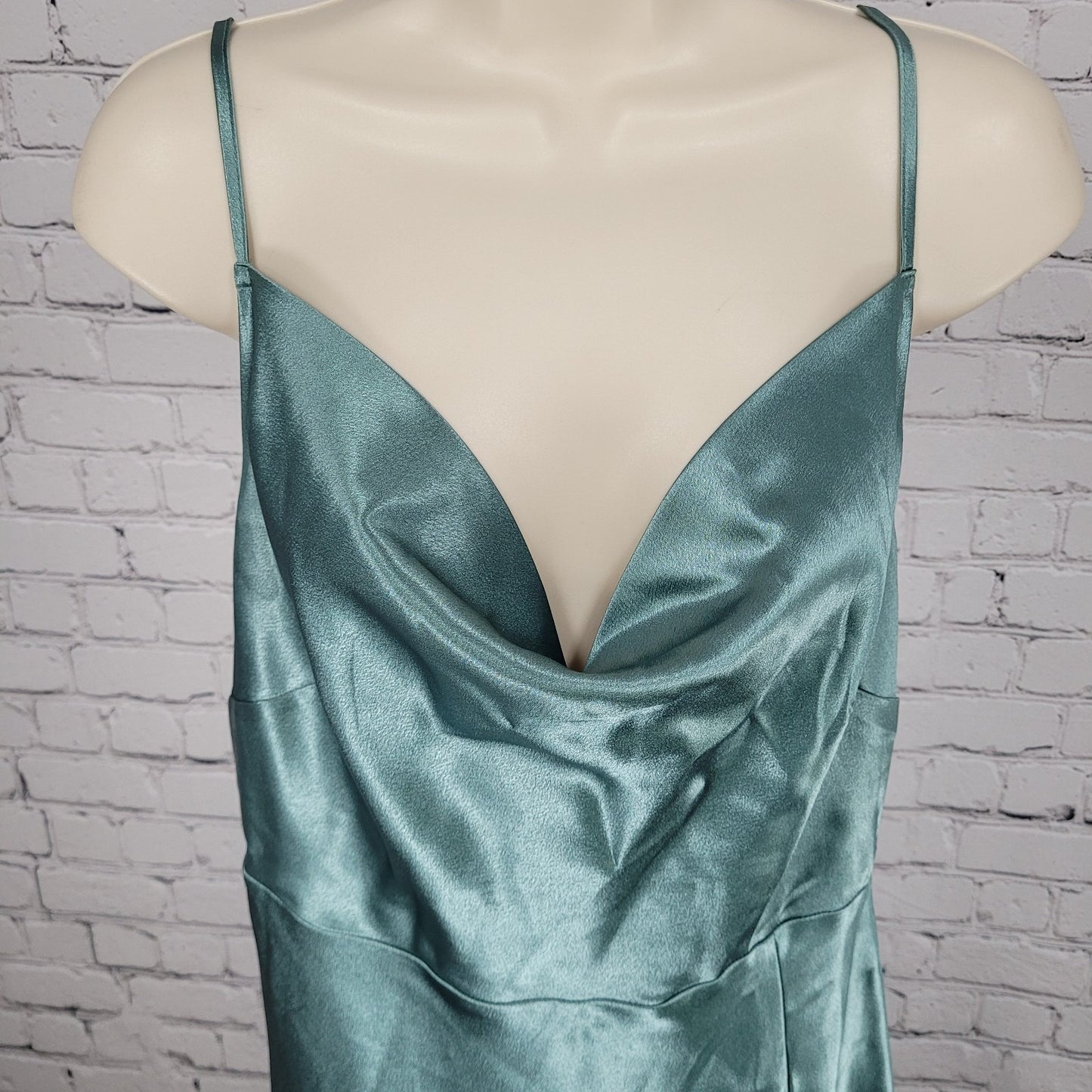 Birdy Grey Green Satin Sheen Cowl Neck Side Slit Maxi Dress Gown Size Medium M