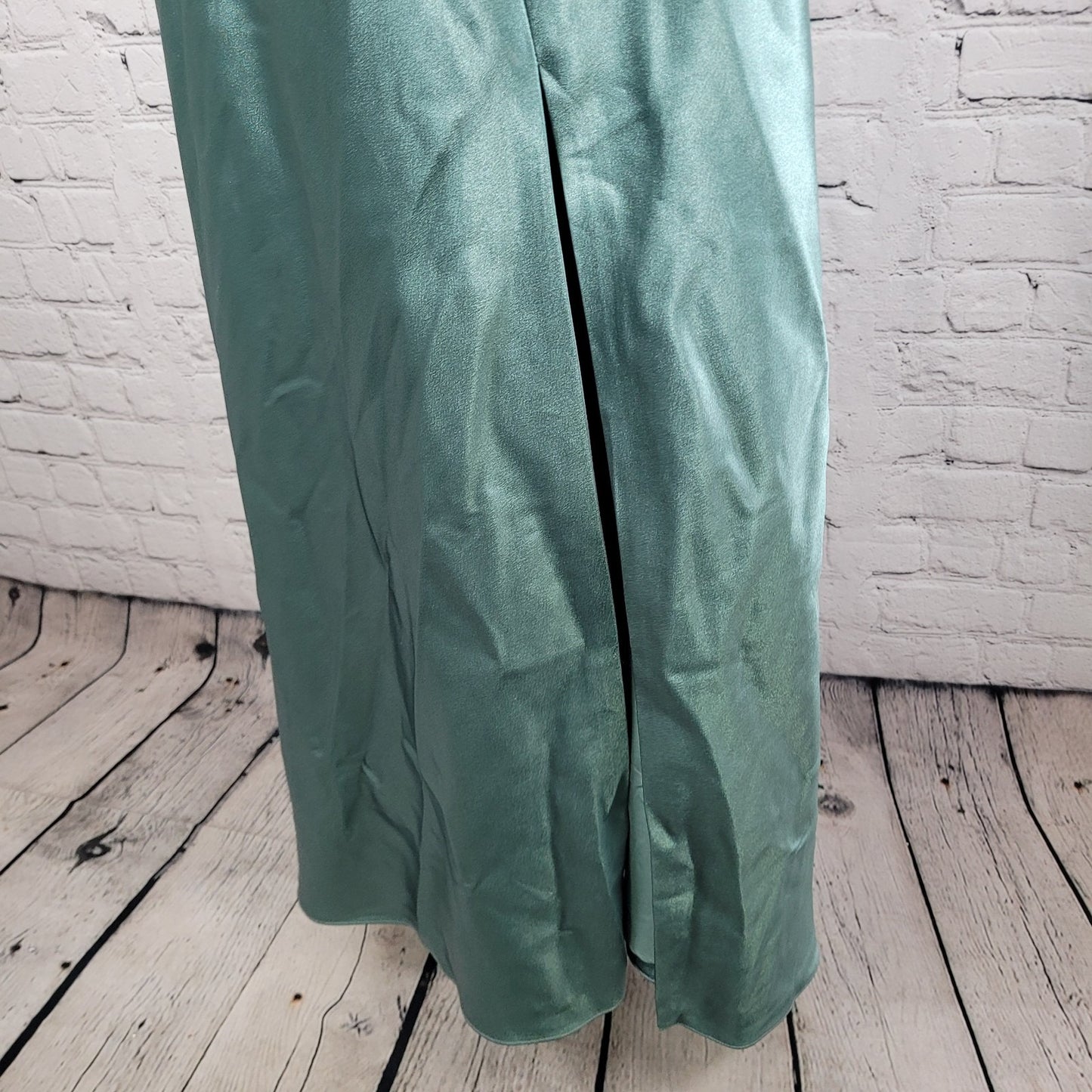 Birdy Grey Green Satin Sheen Cowl Neck Side Slit Maxi Dress Gown Size Medium M