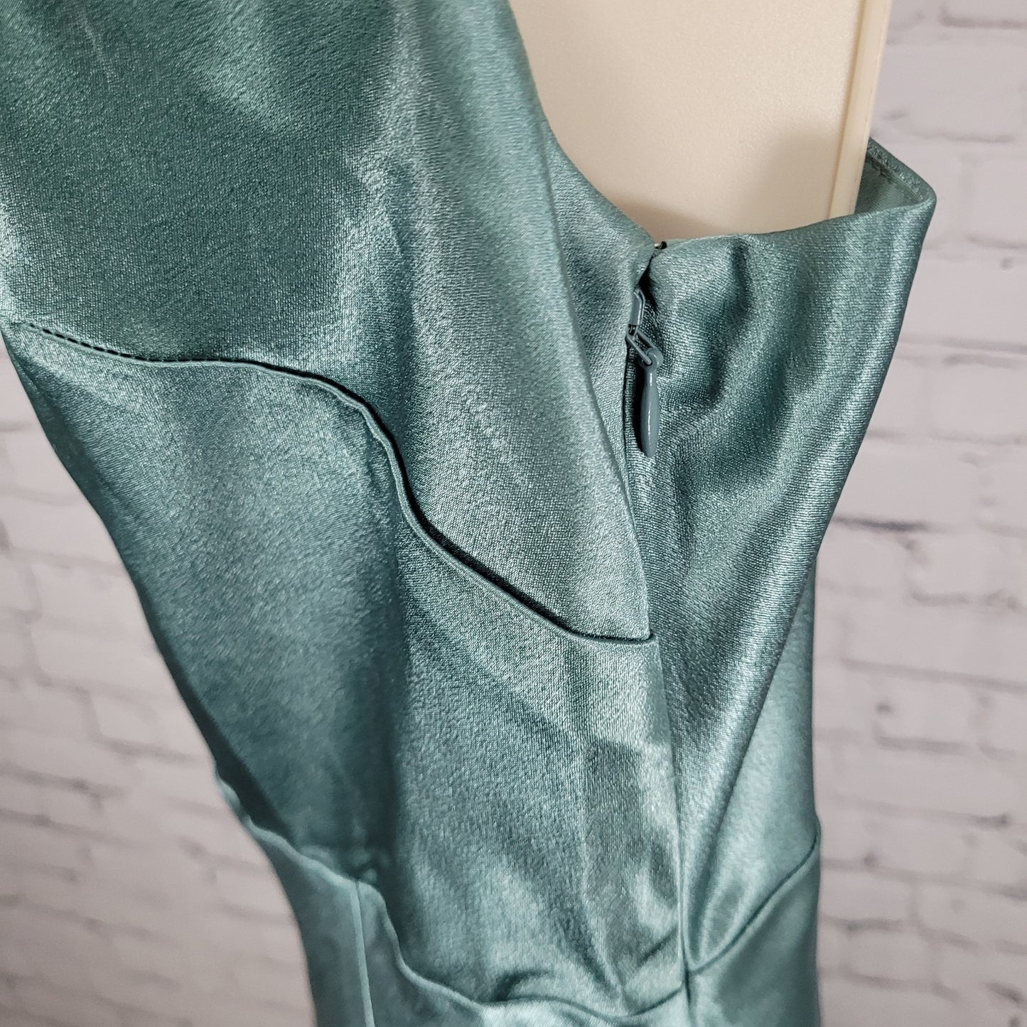 Birdy Grey Green Satin Sheen Cowl Neck Side Slit Maxi Dress Gown Size Medium M