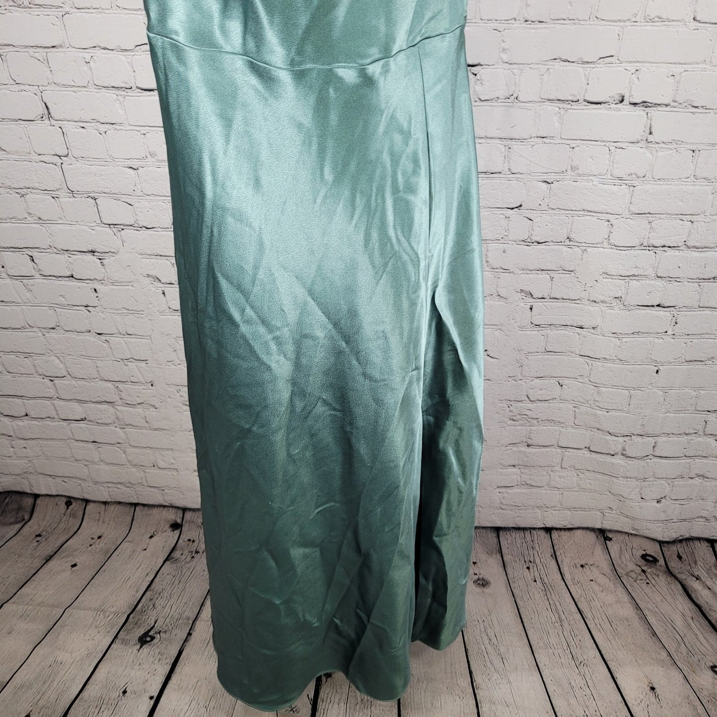Birdy Grey Green Satin Sheen Cowl Neck Side Slit Maxi Dress Gown Size Medium M