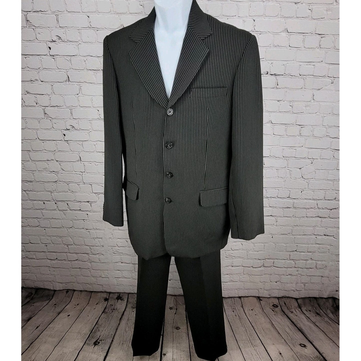 Sim's Cut Tailor Black Pinstriped Full Suit Set 4 Button Jacket 41L Pants 31x31