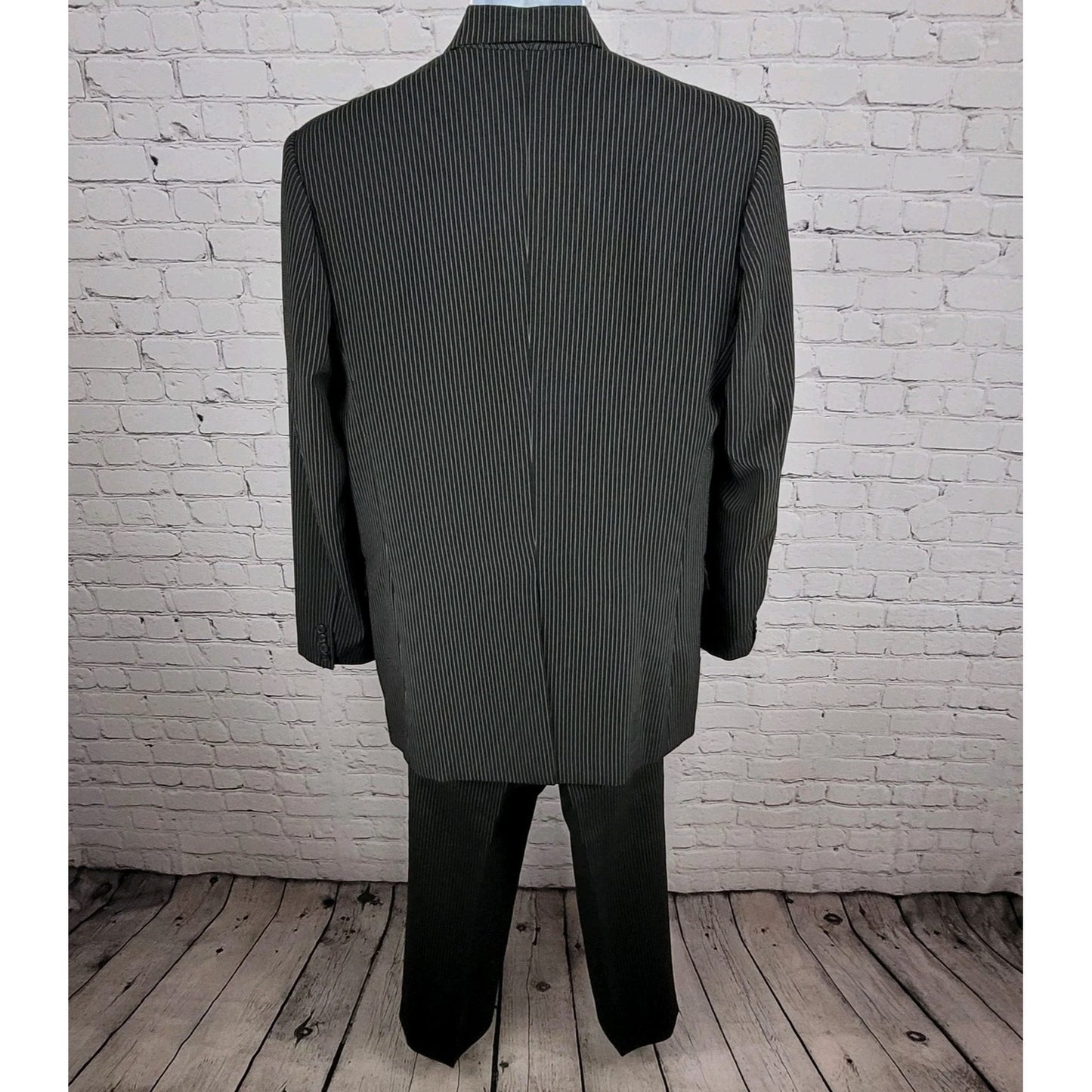 Sim's Cut Tailor Black Pinstriped Full Suit Set 4 Button Jacket 41L Pants 31x31