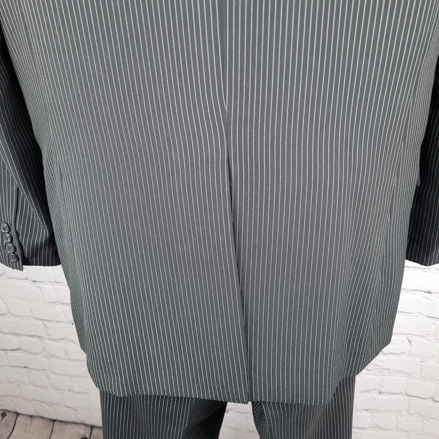 Sim's Cut Tailor Black Pinstriped Full Suit Set 4 Button Jacket 41L Pants 31x31