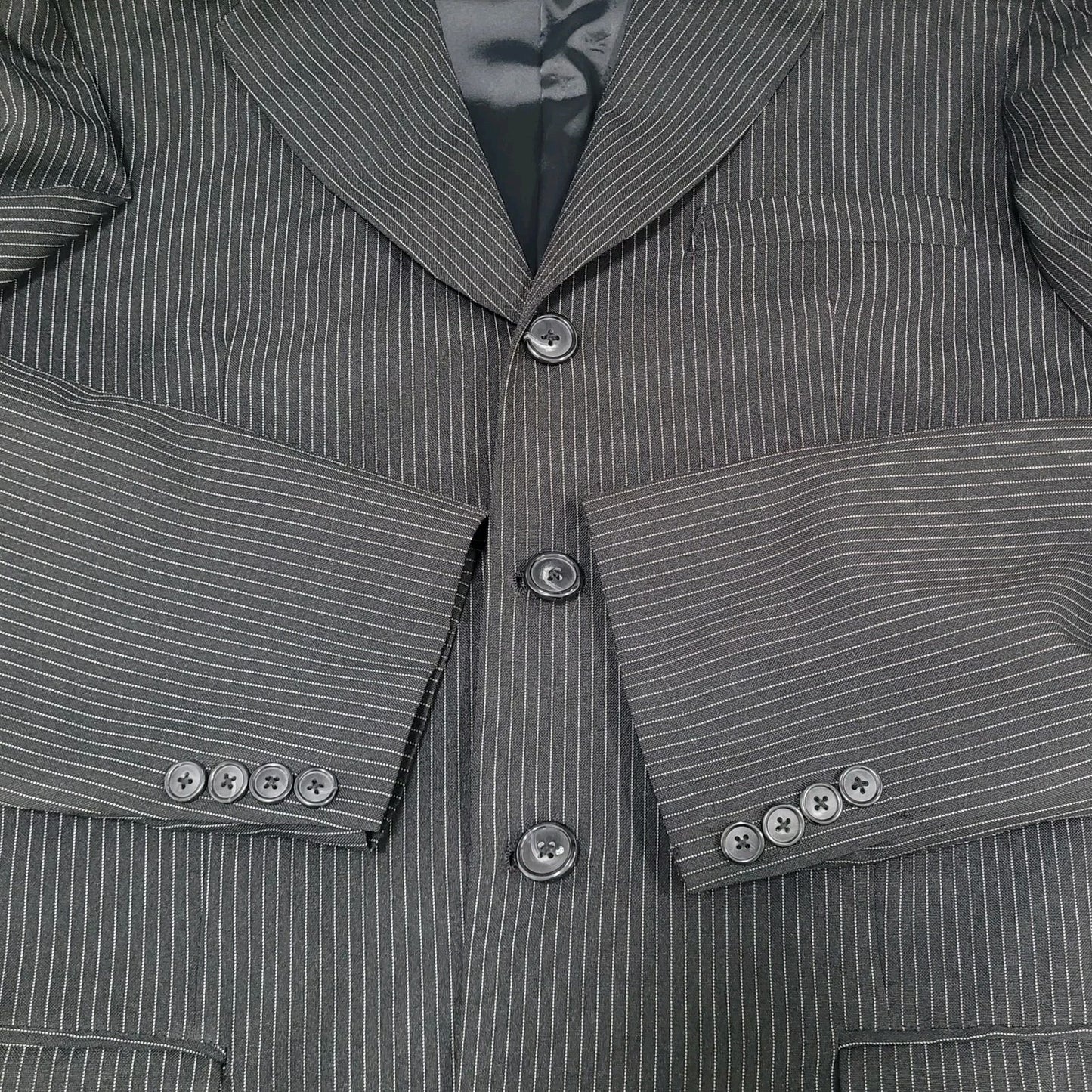 Sim's Cut Tailor Black Pinstriped Full Suit Set 4 Button Jacket 41L Pants 31x31