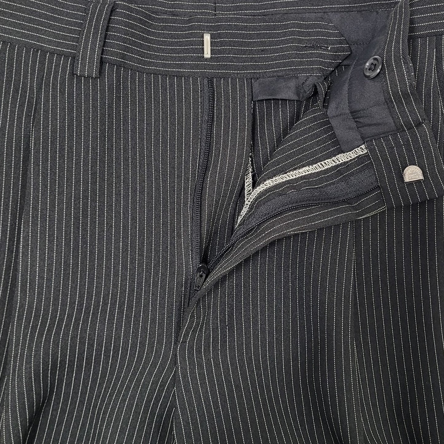 Sim's Cut Tailor Black Pinstriped Full Suit Set 4 Button Jacket 41L Pants 31x31