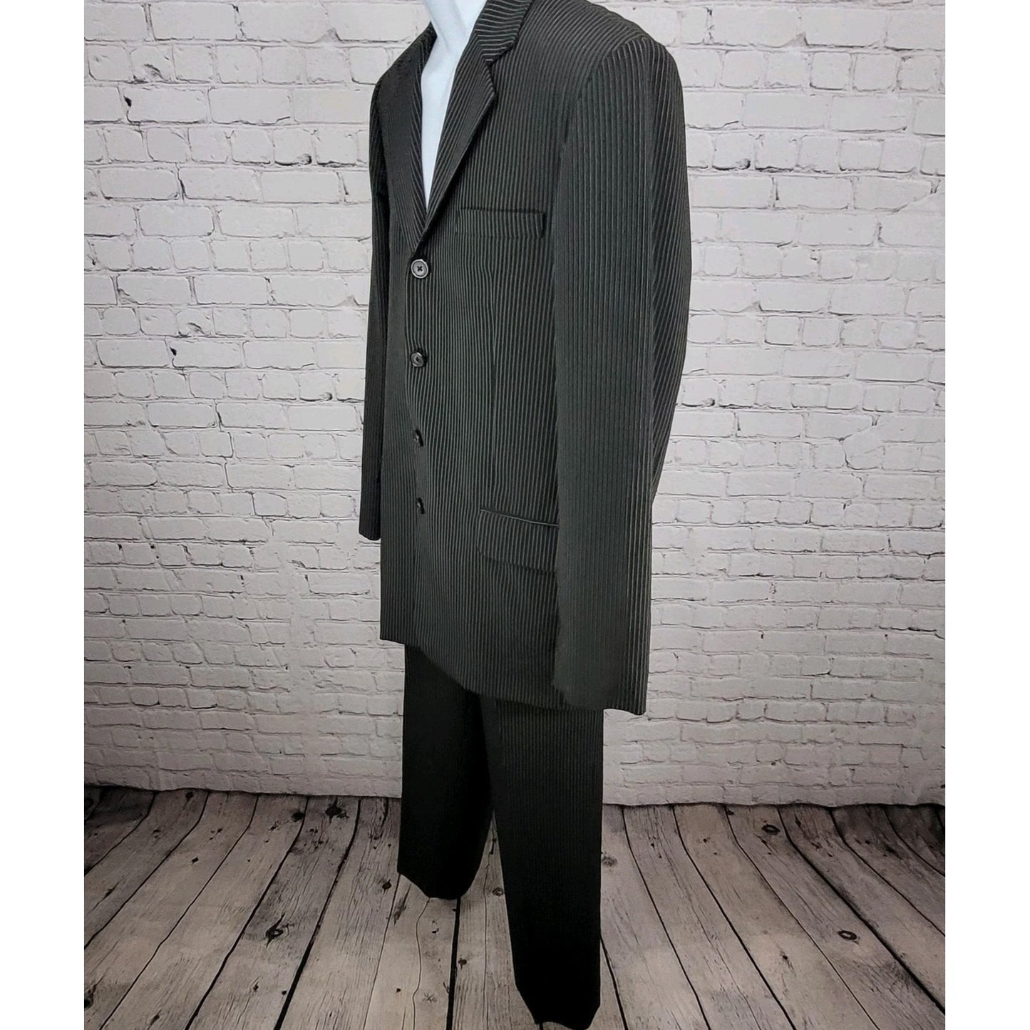 Sim's Cut Tailor Black Pinstriped Full Suit Set 4 Button Jacket 41L Pants 31x31
