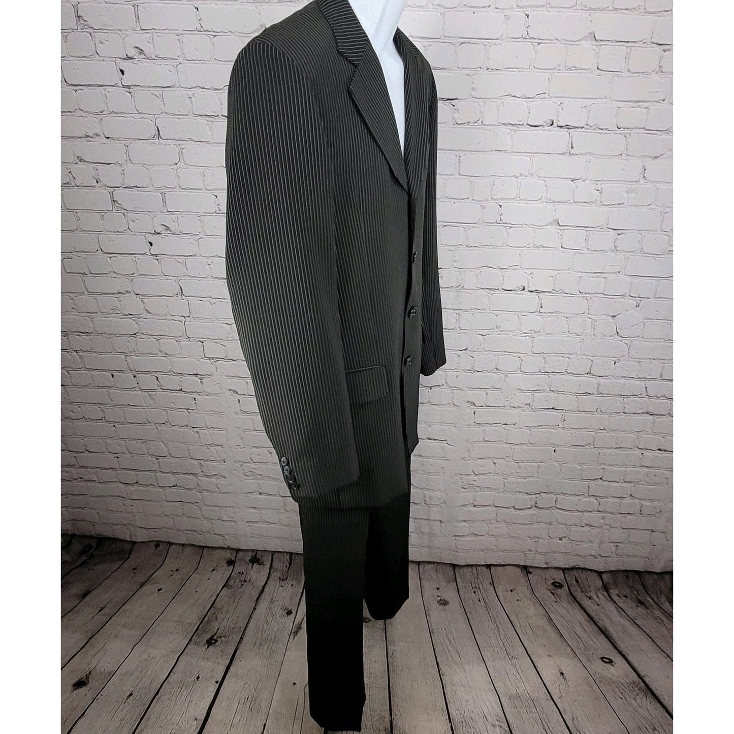 Sim's Cut Tailor Black Pinstriped Full Suit Set 4 Button Jacket 41L Pants 31x31