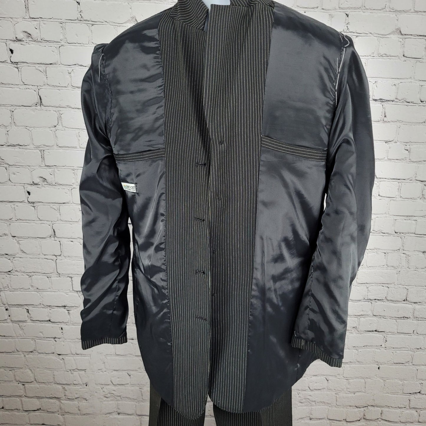 Sim's Cut Tailor Black Pinstriped Full Suit Set 4 Button Jacket 41L Pants 31x31