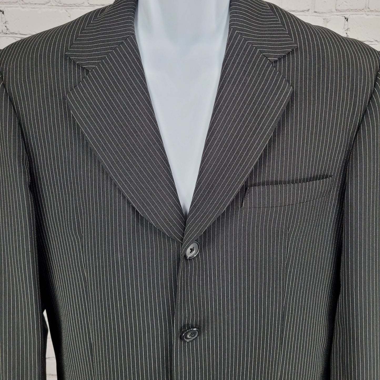 Sim's Cut Tailor Black Pinstriped Full Suit Set 4 Button Jacket 41L Pants 31x31