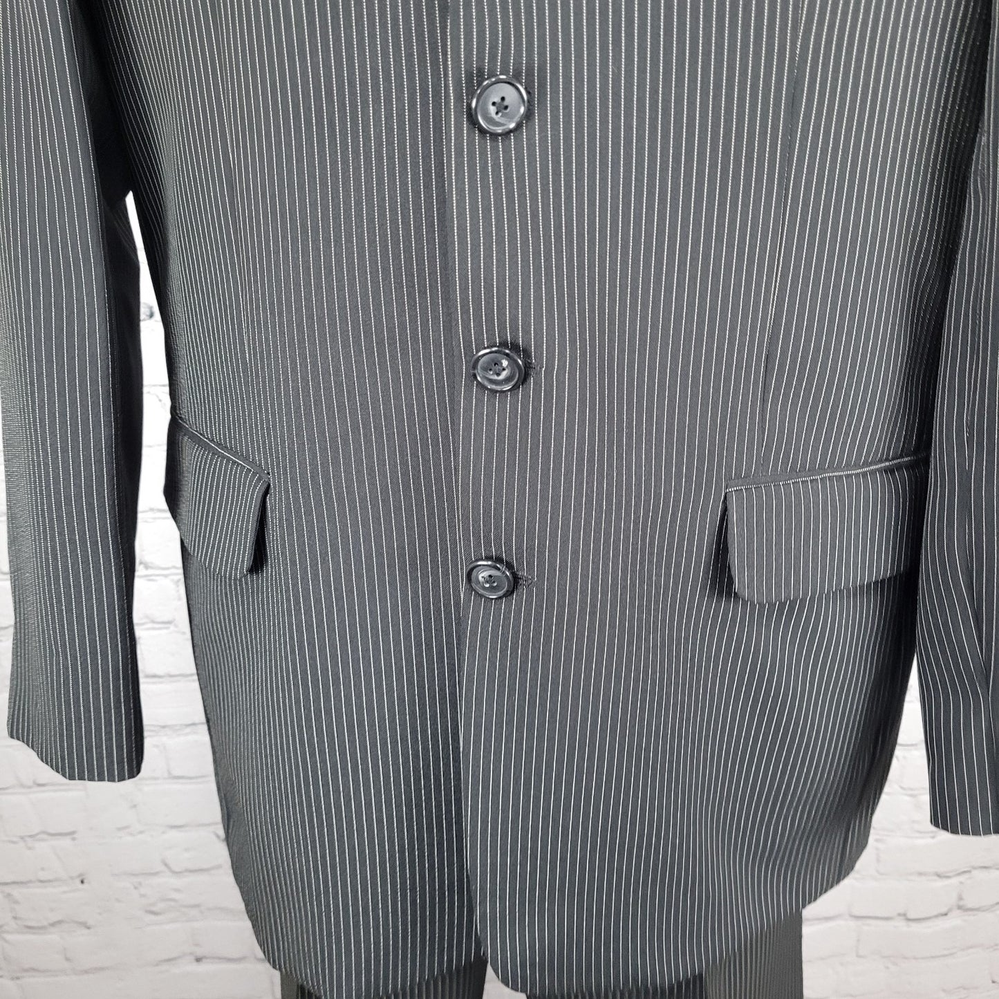 Sim's Cut Tailor Black Pinstriped Full Suit Set 4 Button Jacket 41L Pants 31x31