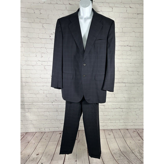 Bergdorf Goodman Navy Plaid 100% Wool Super 100’s Suit Jacket 44L Pants (37x32)