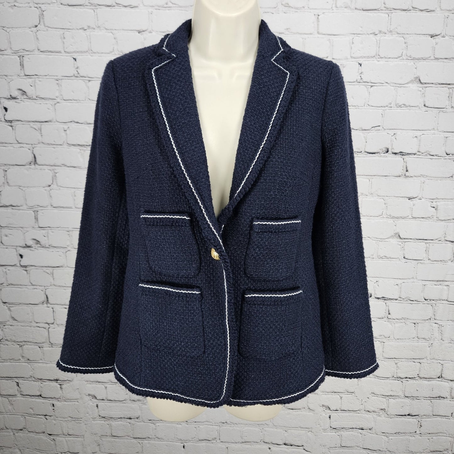 NWT Talbots Navy 100% Cotton Tweed White Stitching Gold Buttons Blazer Jacket 0P
