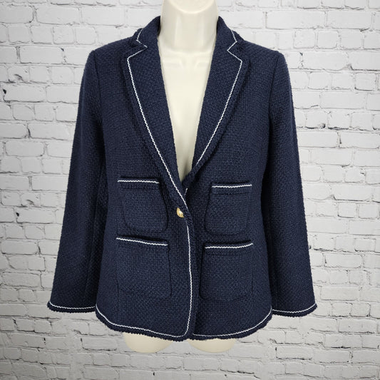 NWT Talbots Navy 100% Cotton Tweed White Stitching Gold Buttons Blazer Jacket 0P