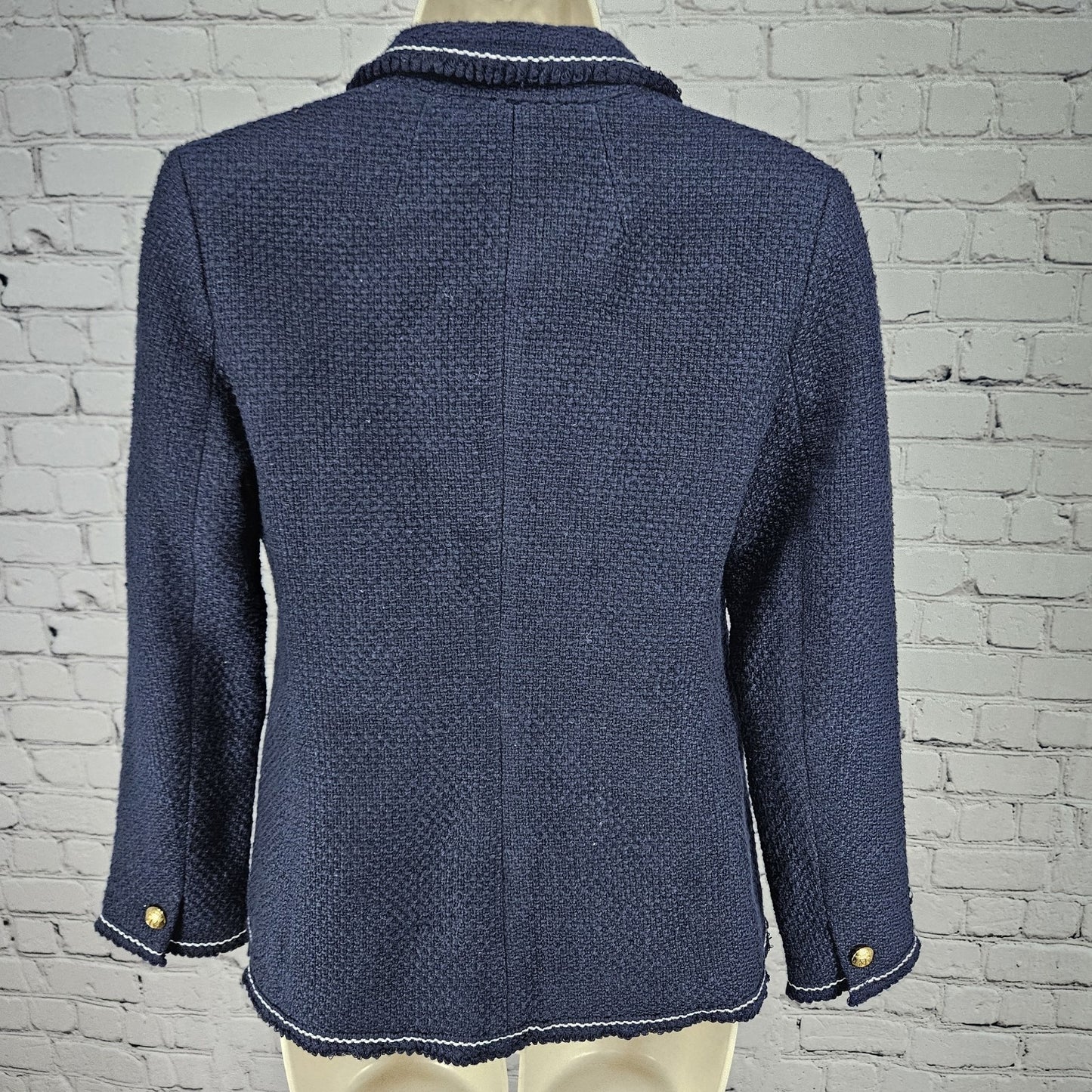 NWT Talbots Navy 100% Cotton Tweed White Stitching Gold Buttons Blazer Jacket 0P