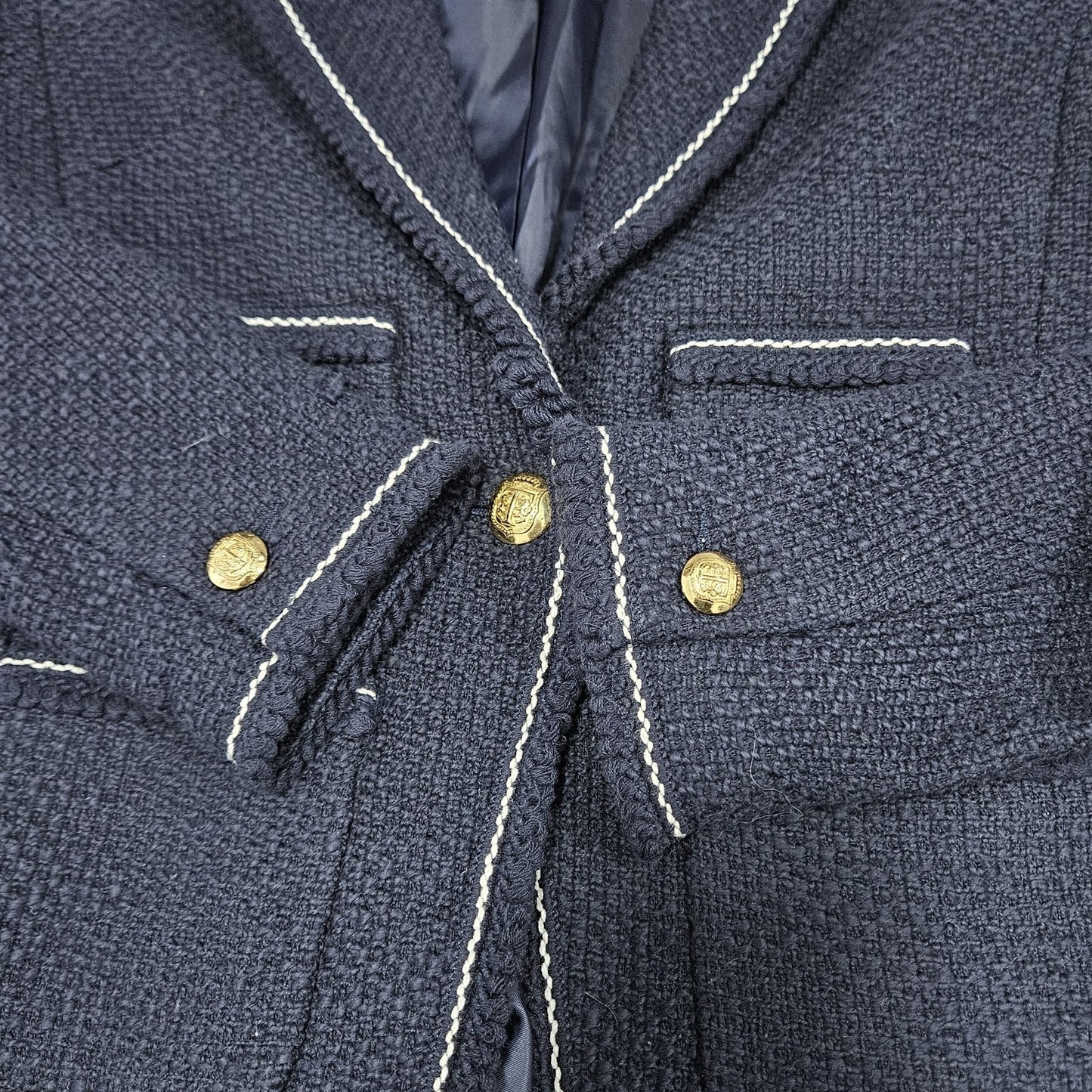 NWT Talbots Navy 100% Cotton Tweed White Stitching Gold Buttons Blazer Jacket 0P