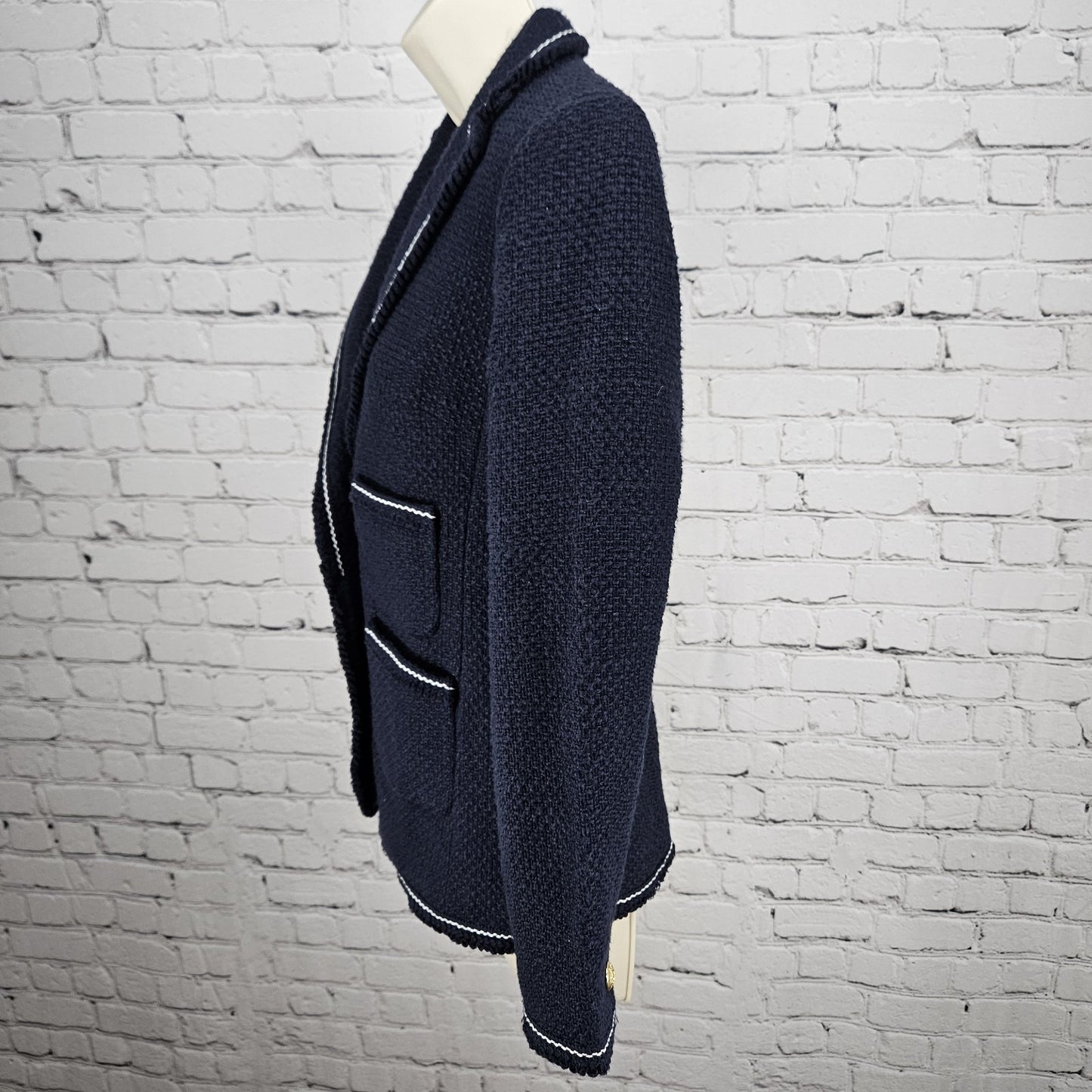 NWT Talbots Navy 100% Cotton Tweed White Stitching Gold Buttons Blazer Jacket 0P