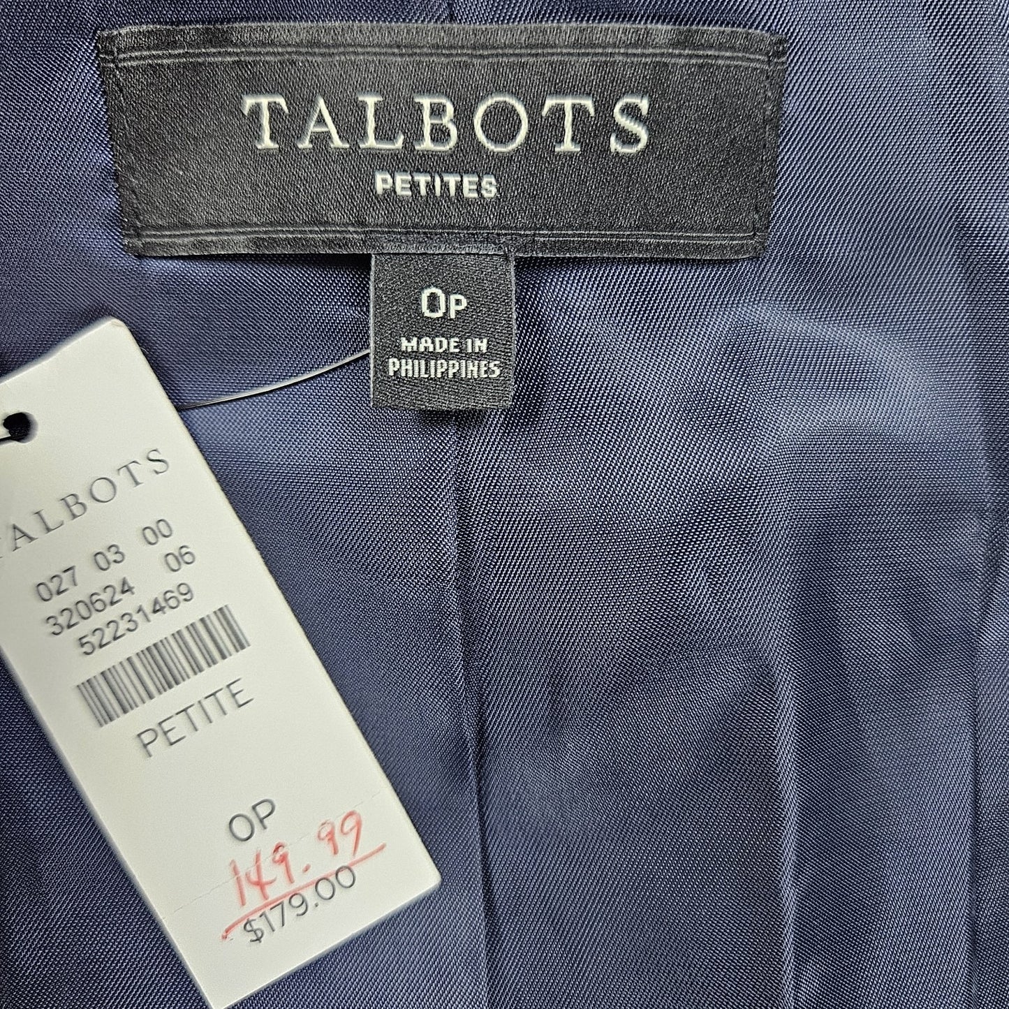 NWT Talbots Navy 100% Cotton Tweed White Stitching Gold Buttons Blazer Jacket 0P