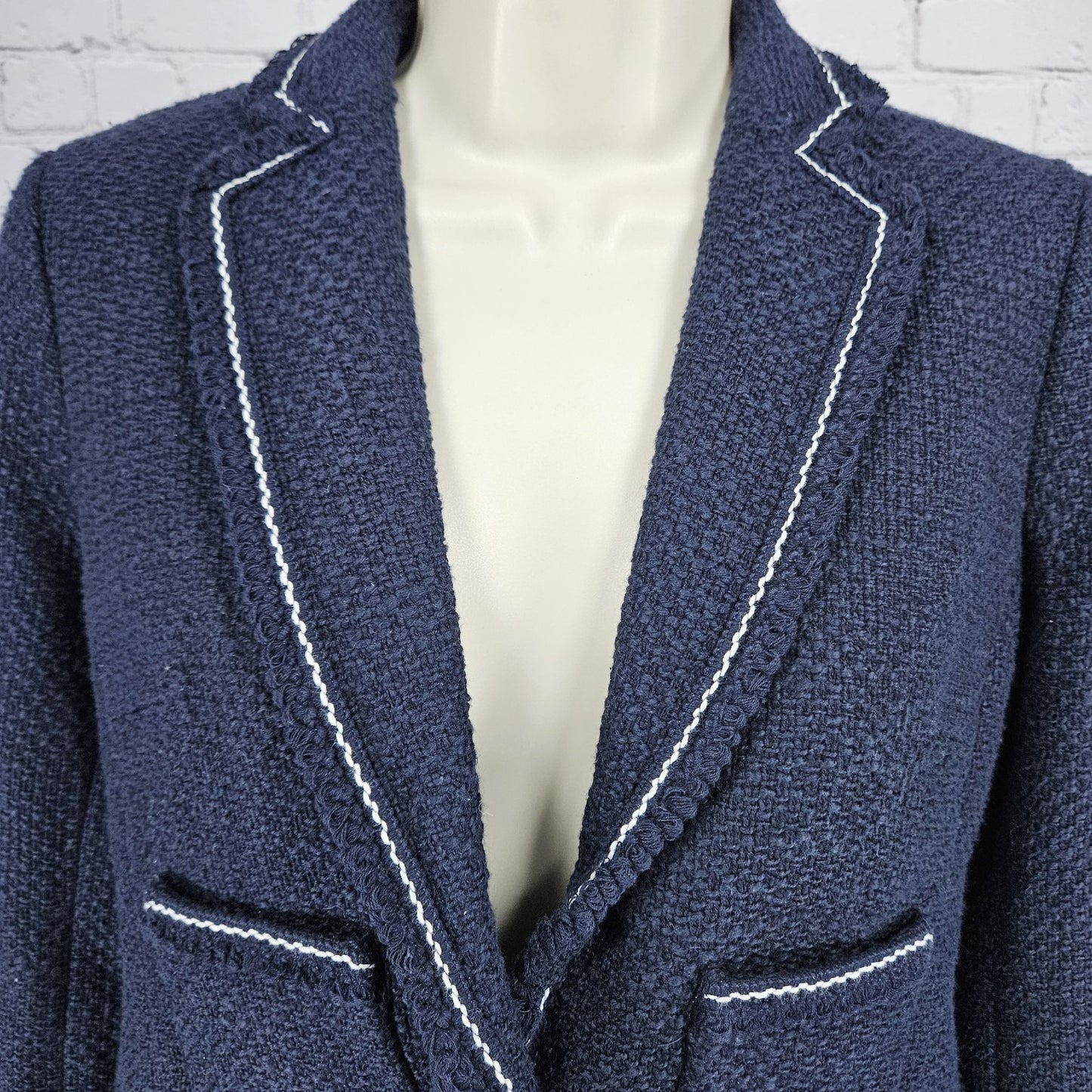 NWT Talbots Navy 100% Cotton Tweed White Stitching Gold Buttons Blazer Jacket 0P