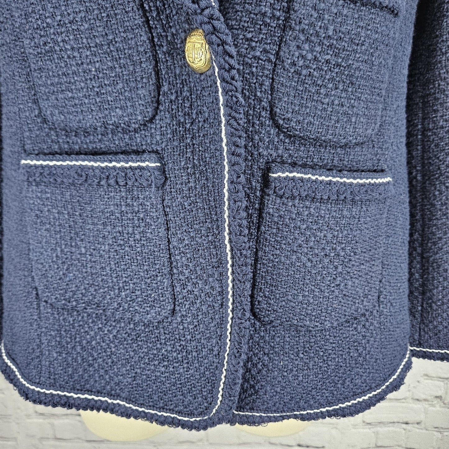 NWT Talbots Navy 100% Cotton Tweed White Stitching Gold Buttons Blazer Jacket 0P