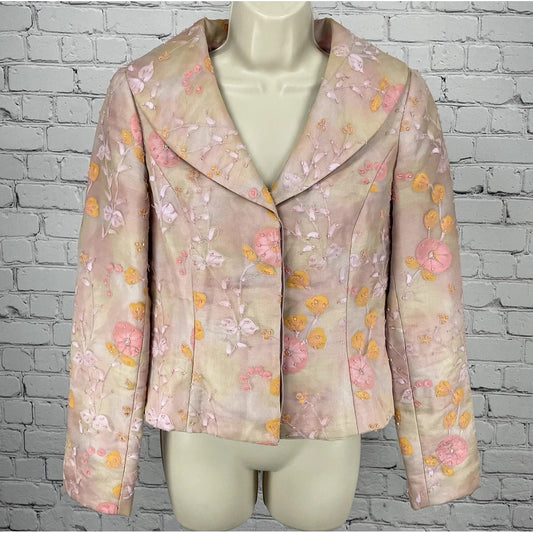 Shani Pink Pastel Floral Silk Chiffon Beaded Lined Button Blazer Jacket USA 6