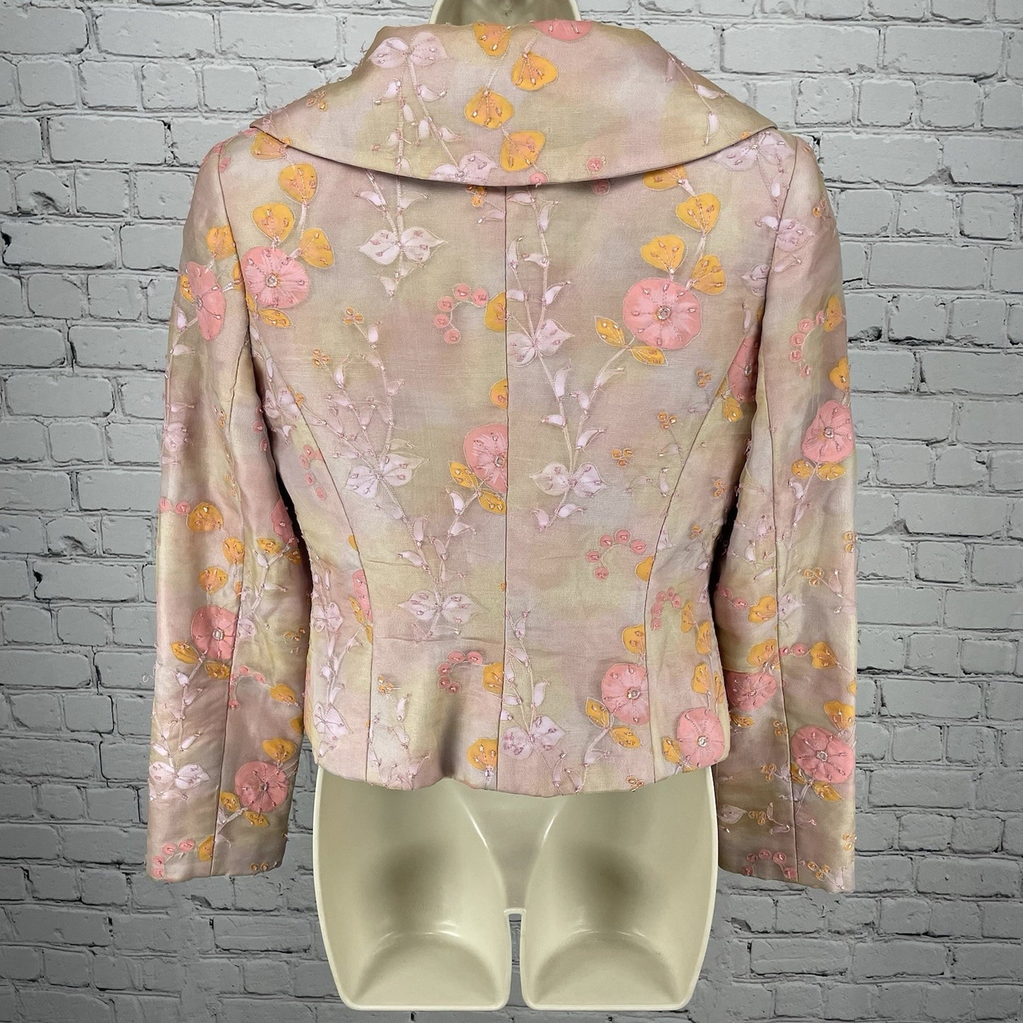 Shani Pink Pastel Floral Silk Chiffon Beaded Lined Button Blazer Jacket USA 6