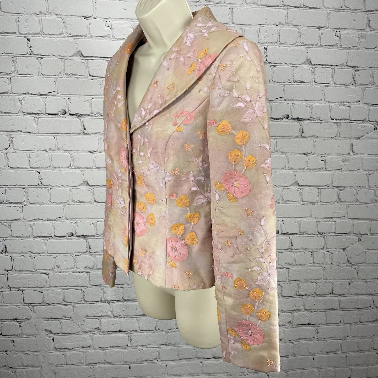 Shani Pink Pastel Floral Silk Chiffon Beaded Lined Button Blazer Jacket USA 6