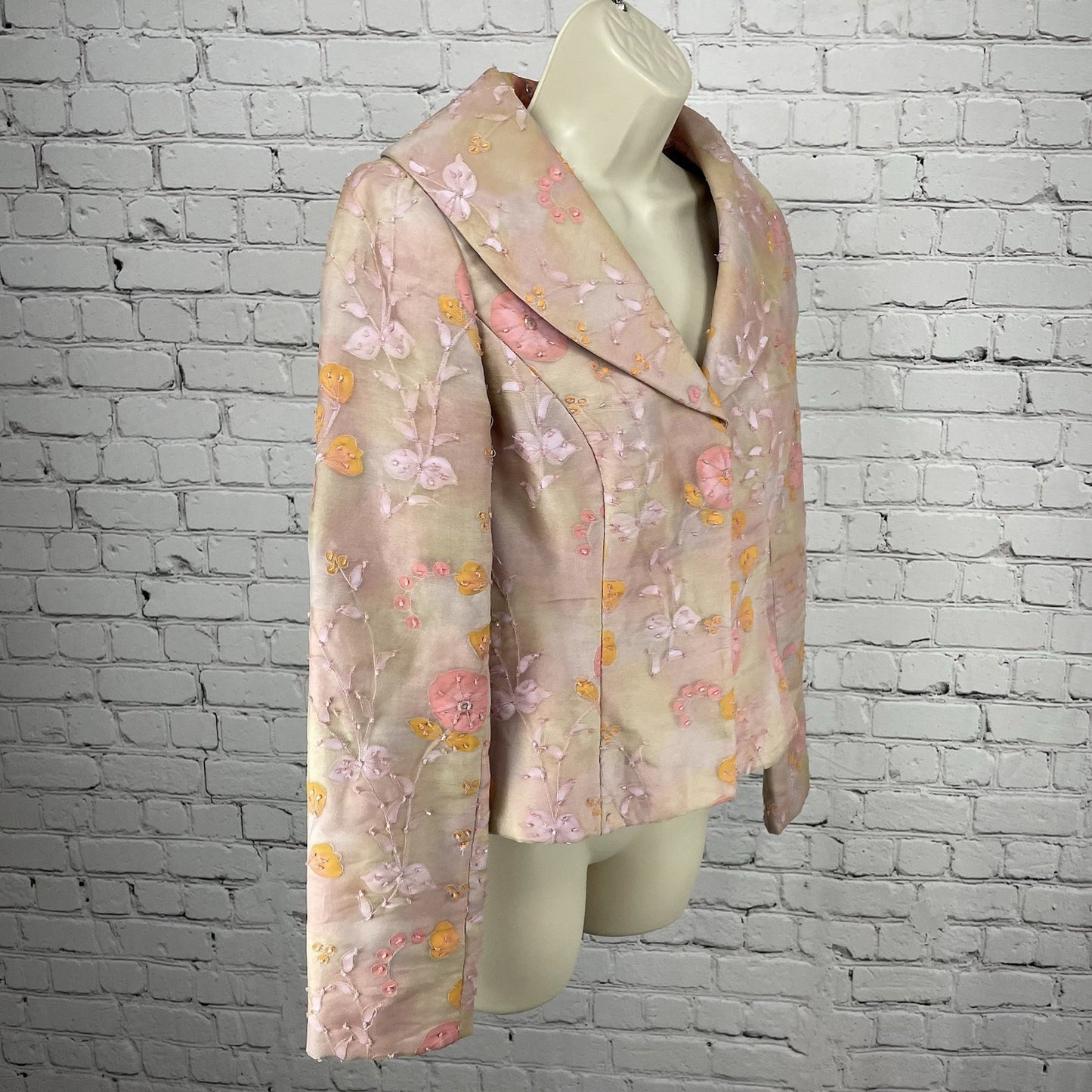 Shani Pink Pastel Floral Silk Chiffon Beaded Lined Button Blazer Jacket USA 6