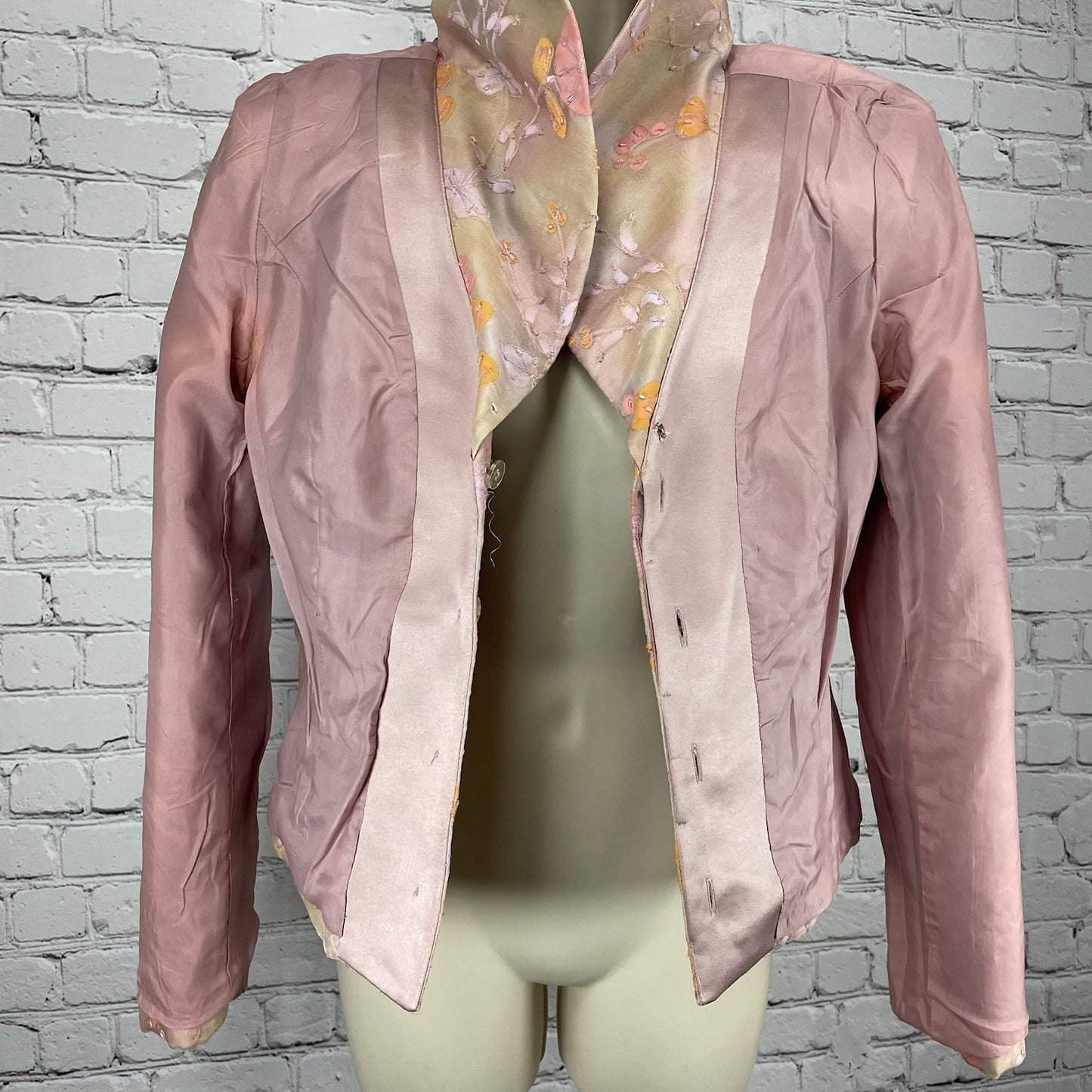 Shani Pink Pastel Floral Silk Chiffon Beaded Lined Button Blazer Jacket USA 6