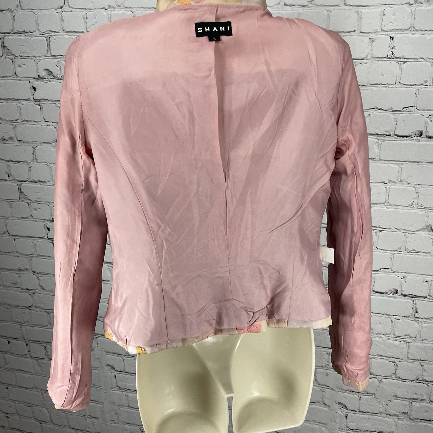 Shani Pink Pastel Floral Silk Chiffon Beaded Lined Button Blazer Jacket USA 6
