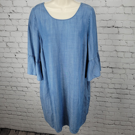 Tommy Bahama Blue 3/4 Bell Sleeve Pockets Unlined Midi Shift Dress Size Large L