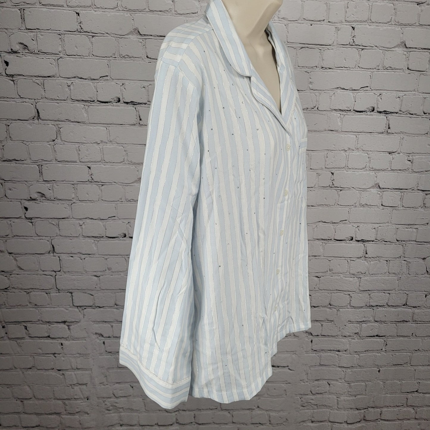 NWT Victoria's Secret White Blue Rhinestone Long Sleeve Pajama Top Large L