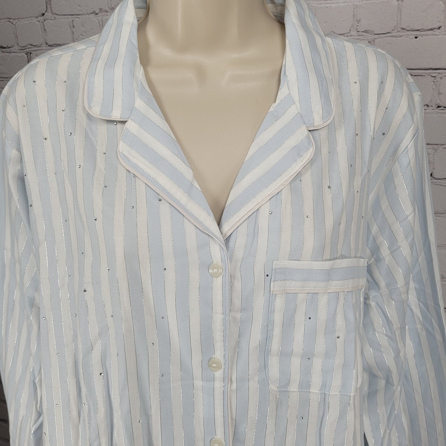 NWT Victoria's Secret White Blue Rhinestone Long Sleeve Pajama Top Large L
